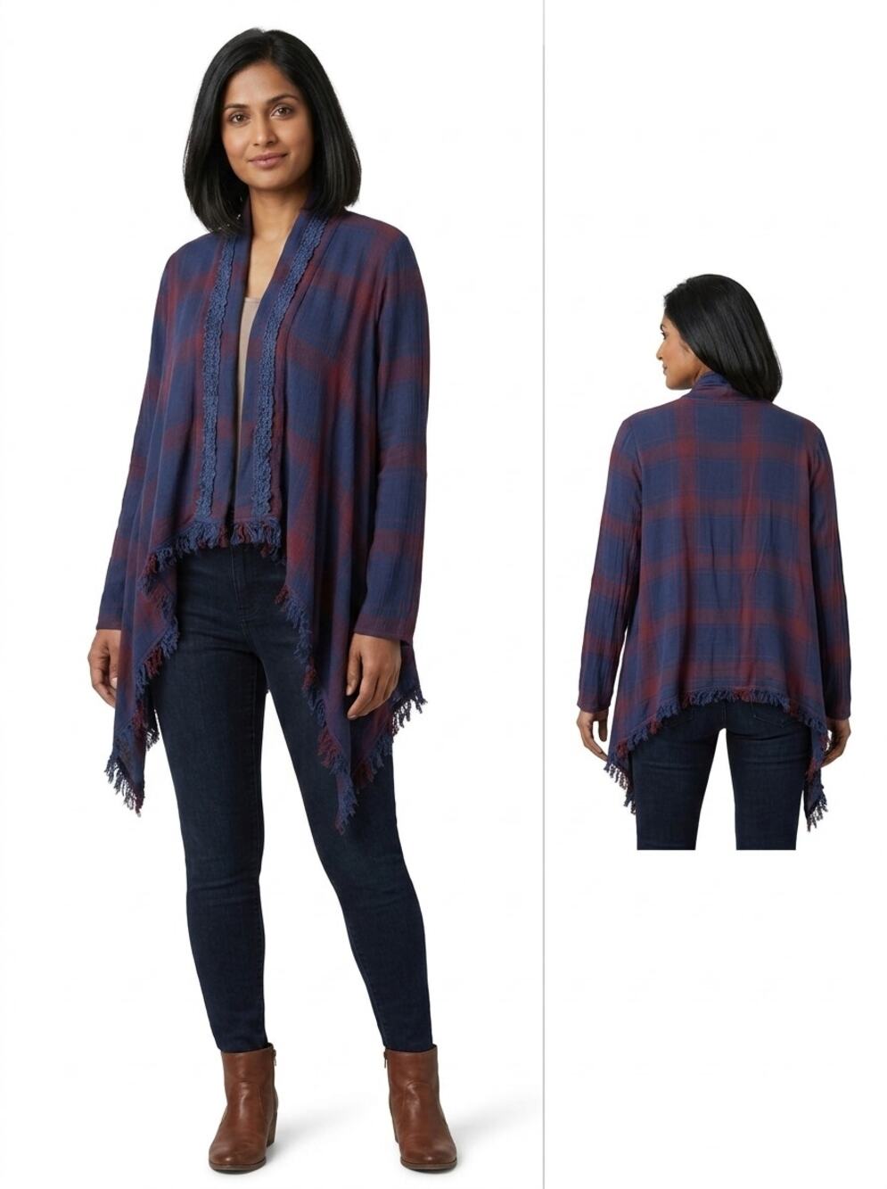 Knox Rose Plaid Fringe Open Front Draped Cardigan Sweater Women Size L